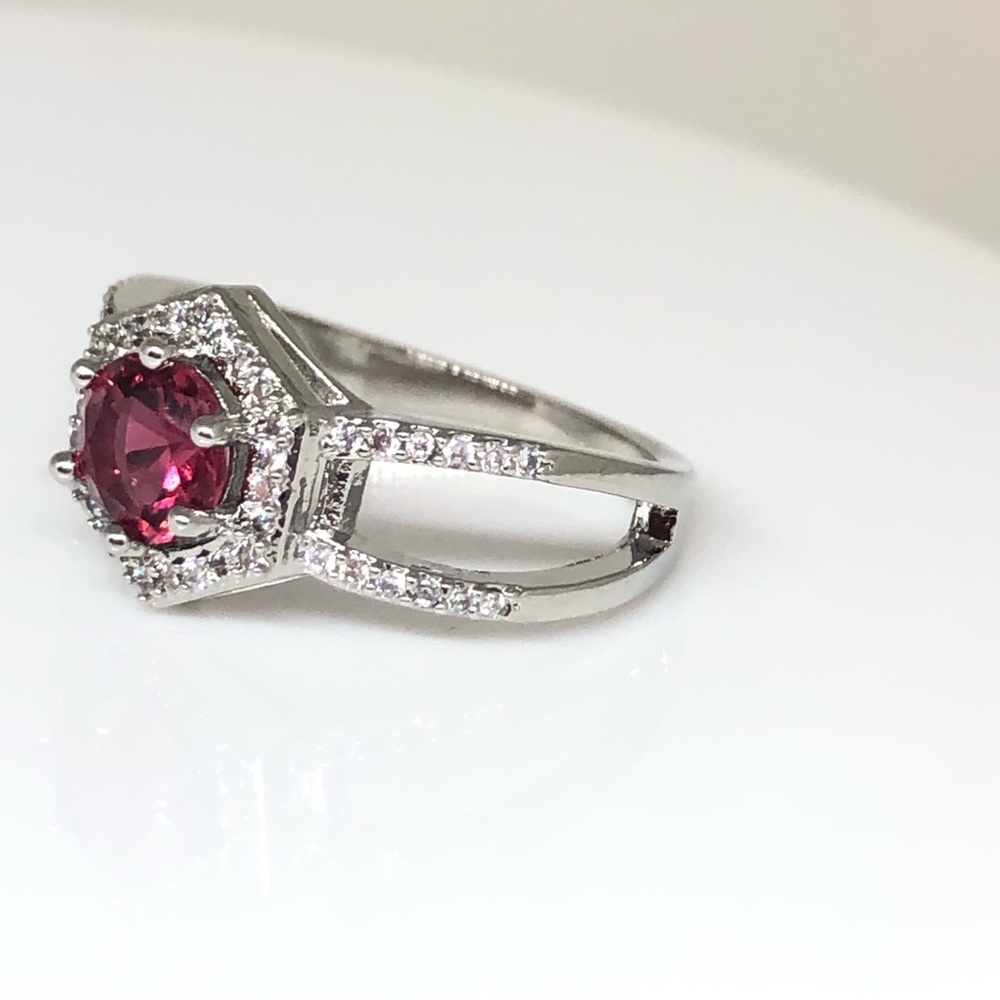 Silver Ruby Red Cz Double Shoulder Ring - image 2